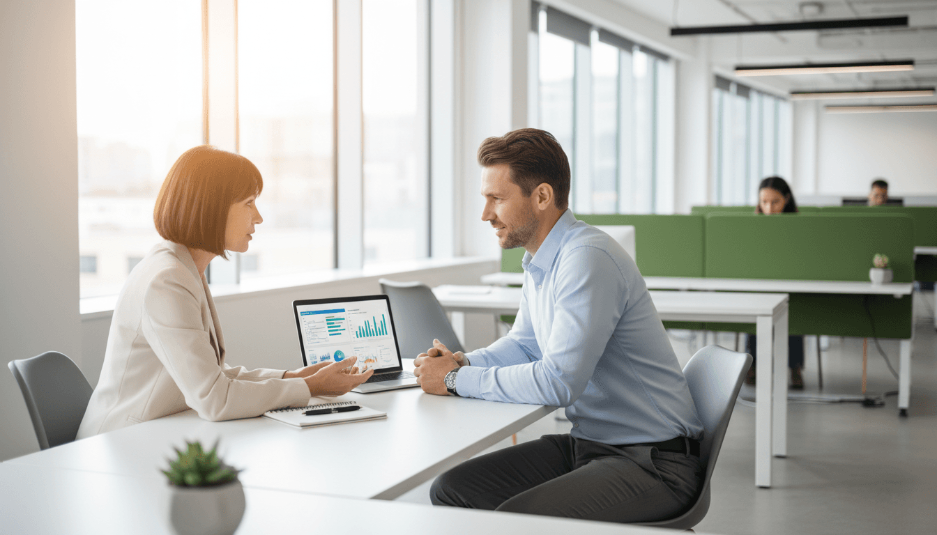 Professional software engineer in meeting with client at desk