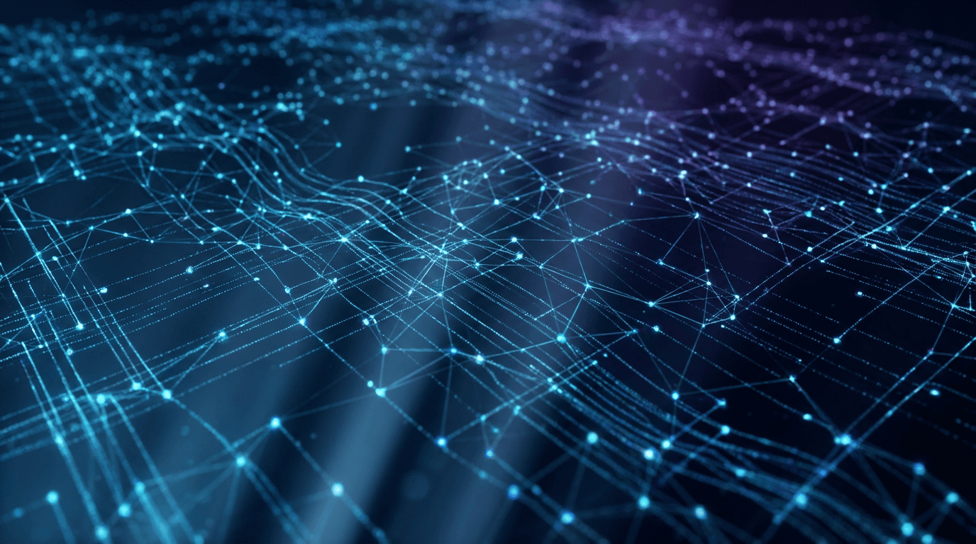 Abstract digital map interface with glowing data points and network connections