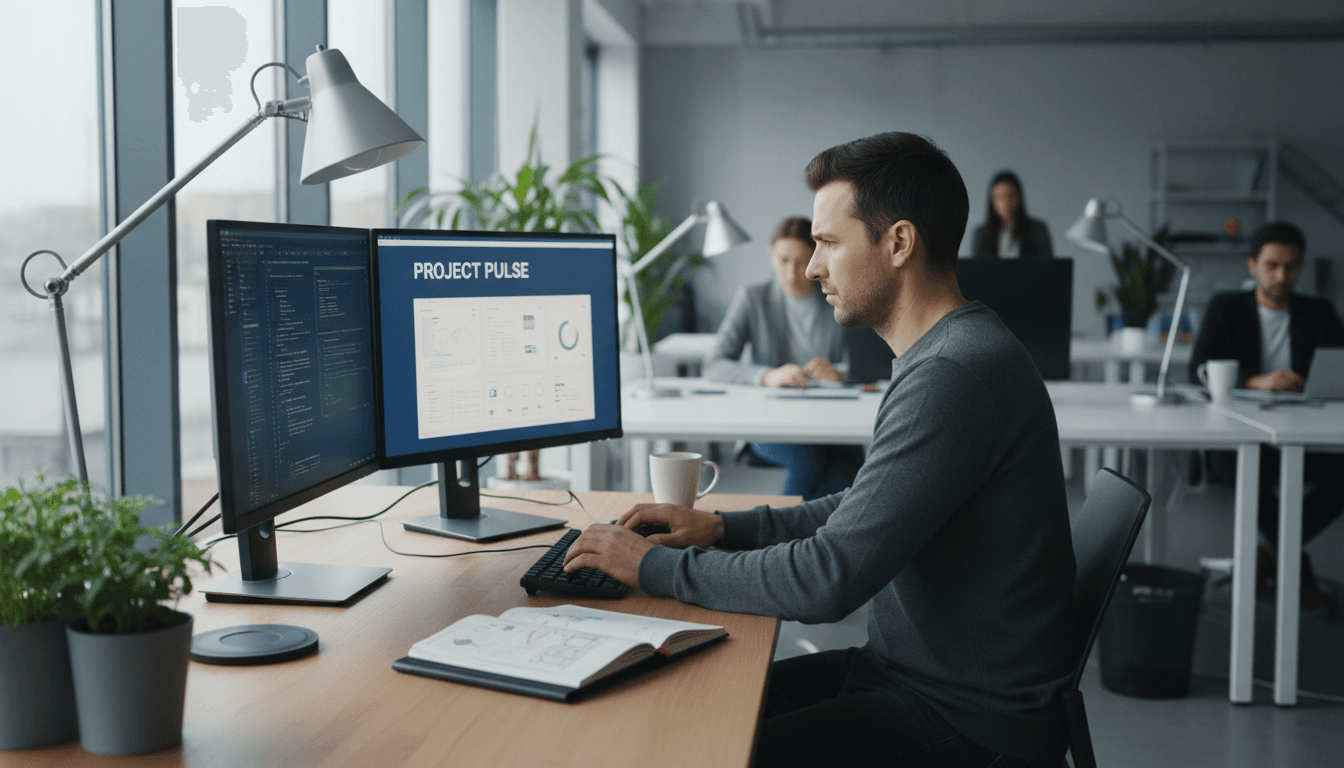 Software developer writing code on dual monitors in modern office