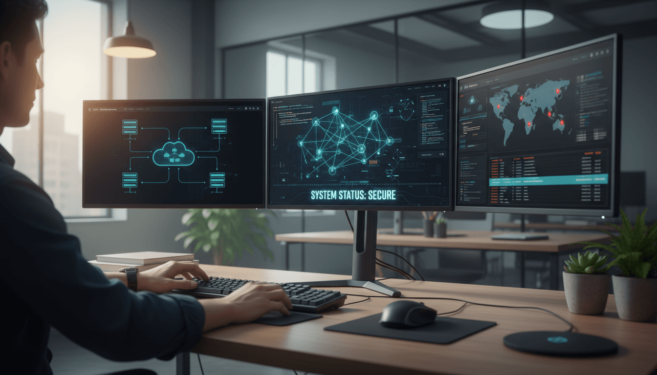 Professional software developer working on multiple monitors with code