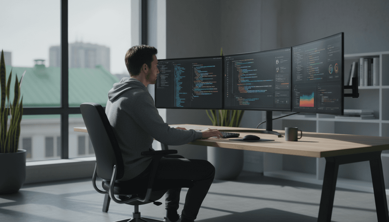 Software engineers collaborating on code in a contemporary office with dual monitors